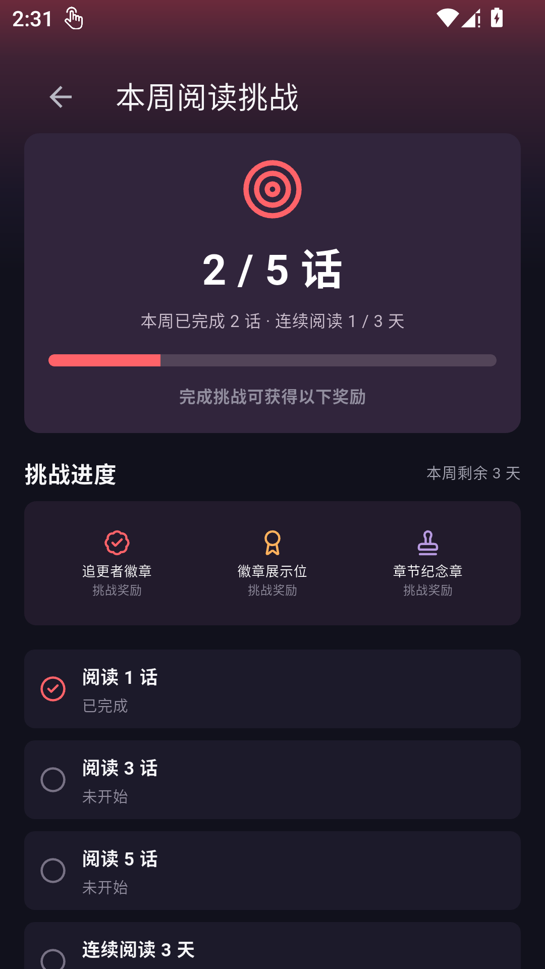 梦漫本周阅读挑战详情，含挑战进度与阶段奖励
